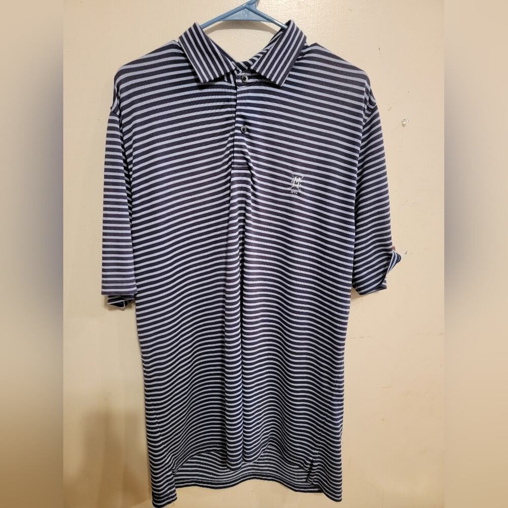 Mens Large Blue & White Striped F & G Tech Golf Polo